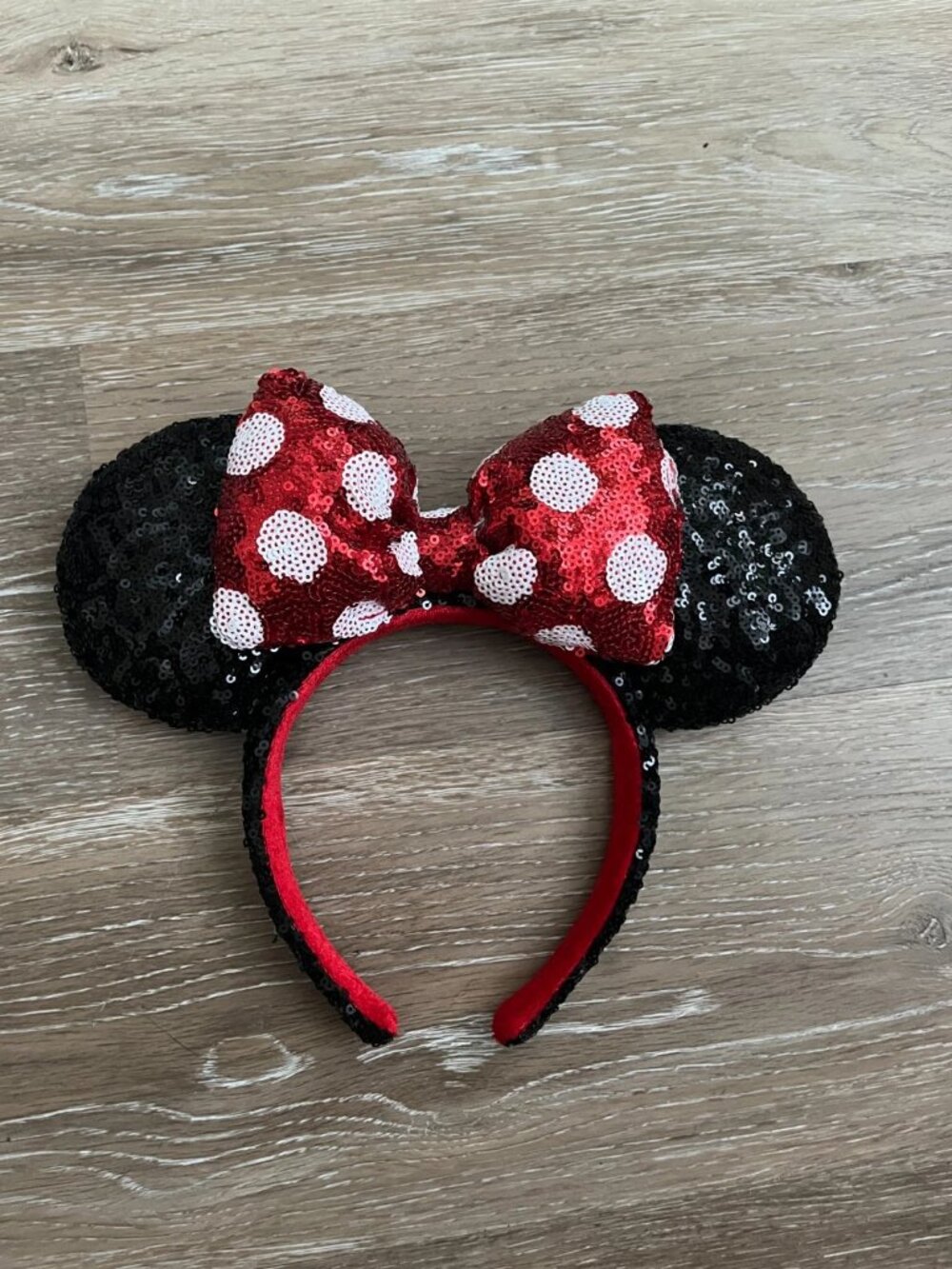 Disney Parks Minnie Mouse Black Sequin Red White Polka Dot Bow Ears Headband